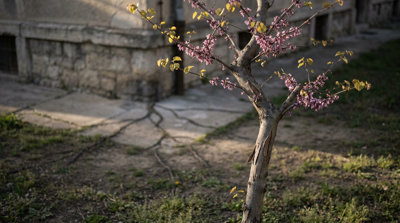 Un jeune arbre de Judée en fleurs devant un vieux bâtiment, avec des racines s'étendant sur le sol.