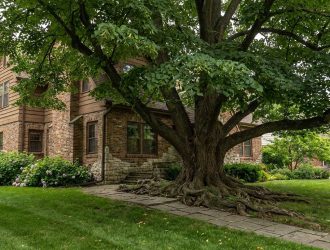 Un grand tilleul avec des racines apparentes situé juste devant une maison en briques et en pierre.