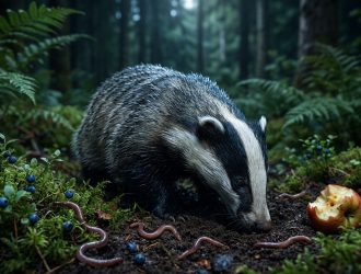 Un blaireau cherche à manger des vers de terre et une pomme au milieu de fougères et de myrtilles en forêt.