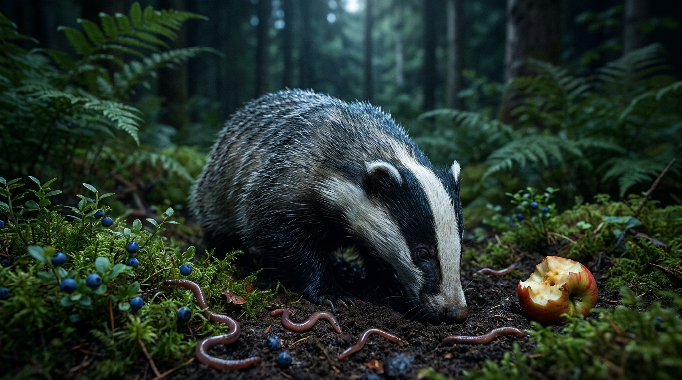 Un blaireau cherche à manger des vers de terre et une pomme au milieu de fougères et de myrtilles en forêt.