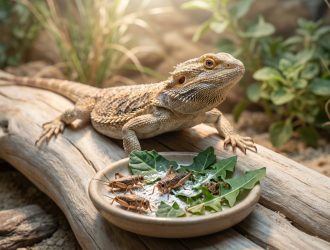 Un pogona (lézard barbu) posé sur un tronc avec un bol de nourriture composé de grillades et de légumes verts.
