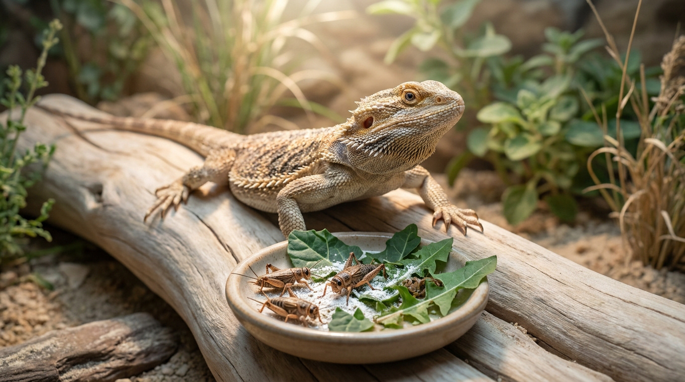 Un pogona (lézard barbu) posé sur un tronc avec un bol de nourriture composé de grillades et de légumes verts.