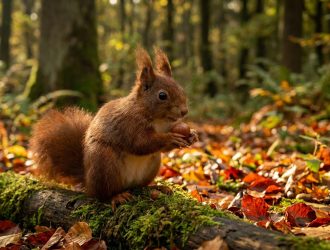 Un écureuil roux tient une noisette en équilibre sur une branche moussue dans une forêt aux couleurs automnales.