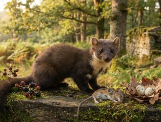 Une fouine dans une forêt près de mûres, d'une souris et d'un nid d'œufs, illustrant son régime omnivore.