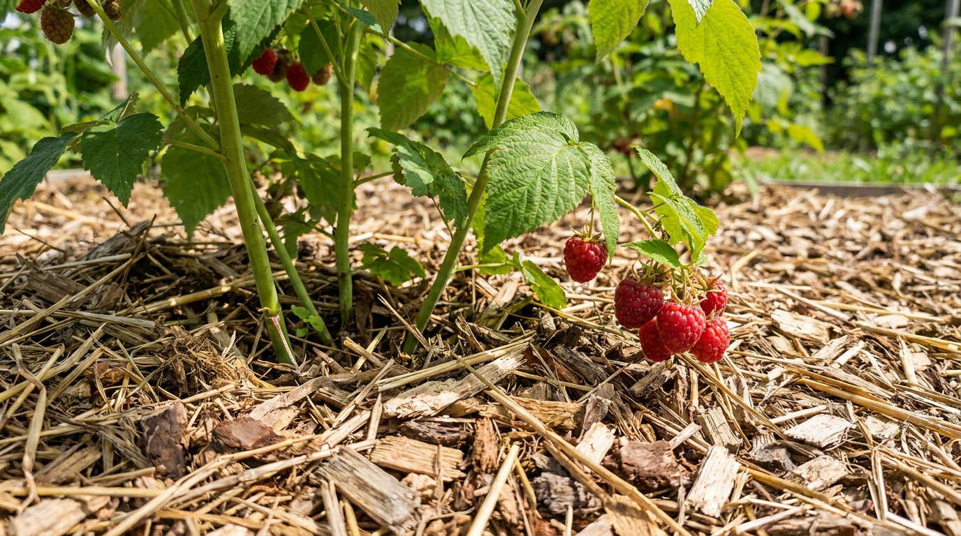 Framboisiers chargés de fruits mûrs poussant sur un sol recouvert de paillis de paille et de copeaux de bois.