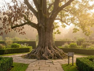Grand frêne majestueux au centre d'un jardin avec des racines apparentes et un panneau d'avertissement au pied.