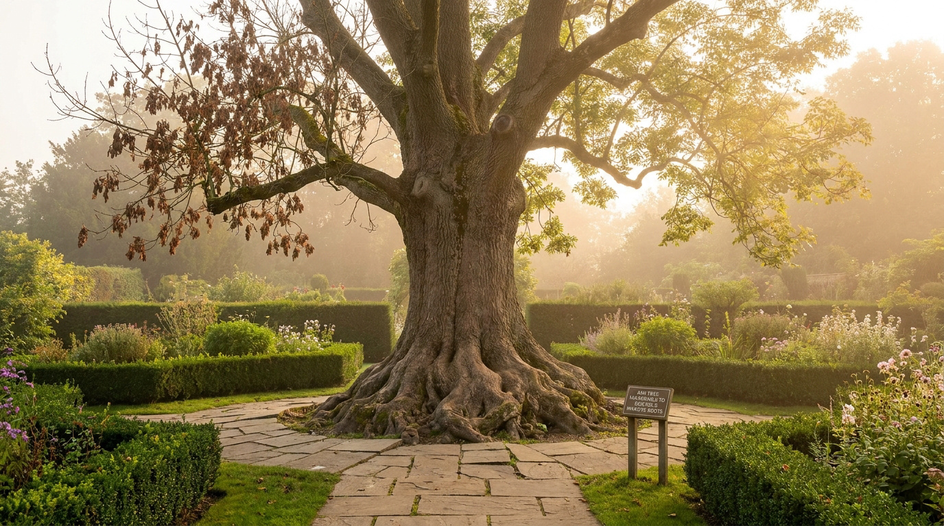 Grand frêne majestueux au centre d'un jardin avec des racines apparentes et un panneau d'avertissement au pied.