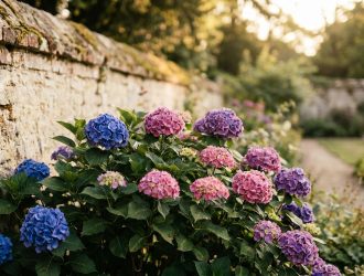 Hortensias bleus et roses en fleurs plantés le long d'un ancien mur de pierre dans un jardin ensoleillé.