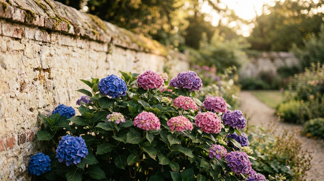 Hortensias bleus et roses en fleurs plantés le long d'un ancien mur de pierre dans un jardin ensoleillé.