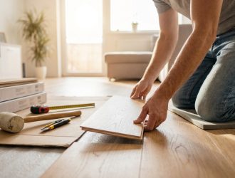 Un homme agenouillé installe une lame de parquet flottant en bois clair dans un salon lumineux avec des outils à proximité.