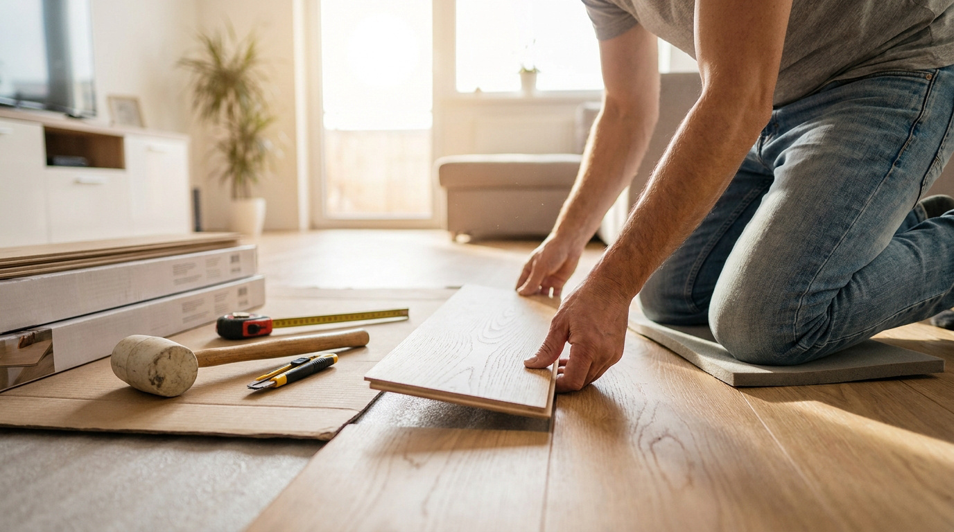 Un homme agenouillé installe une lame de parquet flottant en bois clair dans un salon lumineux avec des outils à proximité.