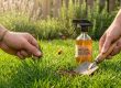 Mains travaillant dans l'herbe avec un vaporisateur naturel et une coccinelle sur une tige.