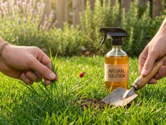 Mains travaillant dans l'herbe avec un vaporisateur naturel et une coccinelle sur une tige.