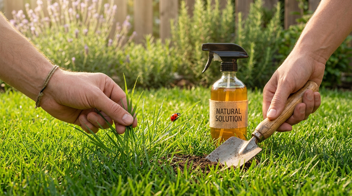 Mains travaillant dans l'herbe avec un vaporisateur naturel et une coccinelle sur une tige.