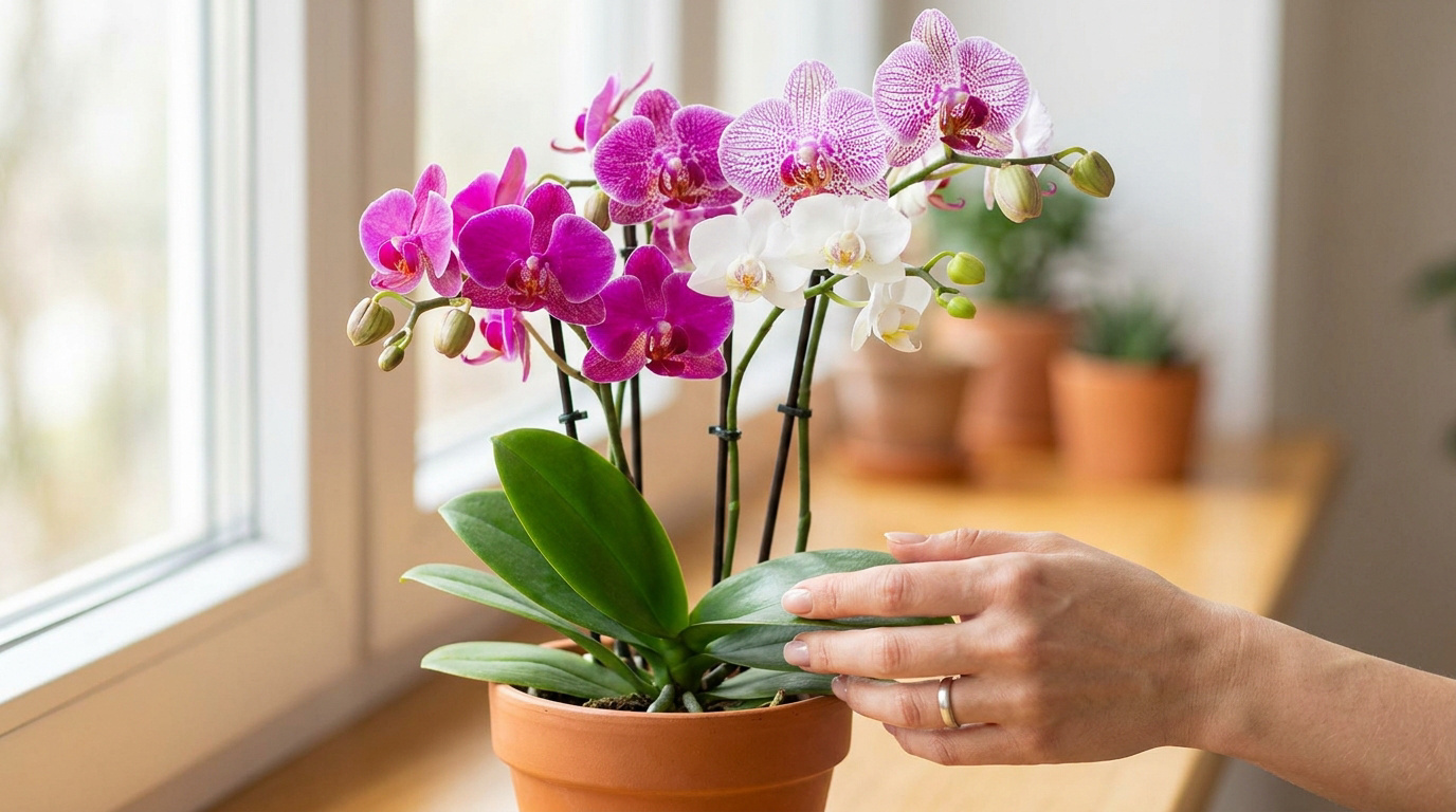Une main prend soin d'une orchidée bicolore en pot près d'une fenêtre lumineuse.