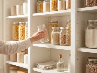 Une personne range des bocaux en verre remplis d'aliments secs sur les étagères blanches d'un garde-manger.