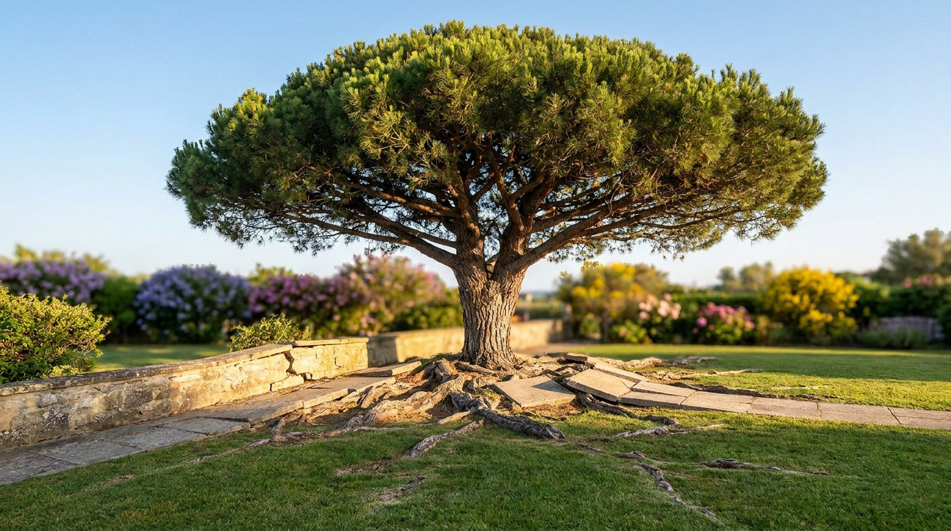 Racines de pin parasol soulevant des dalles de pierre dans un jardin ensoleillé.