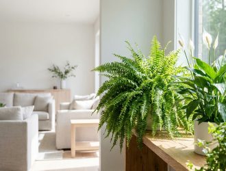Fougère et spathiphyllum sur une console en bois dans un salon lumineux.
