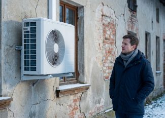 Un homme vêtu d'un manteau d'hiver regarde une pompe à chaleur installée sur le mur fissuré d'une vieille maison.