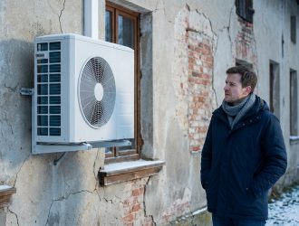 Un homme vêtu d'un manteau d'hiver regarde une pompe à chaleur installée sur le mur fissuré d'une vieille maison.