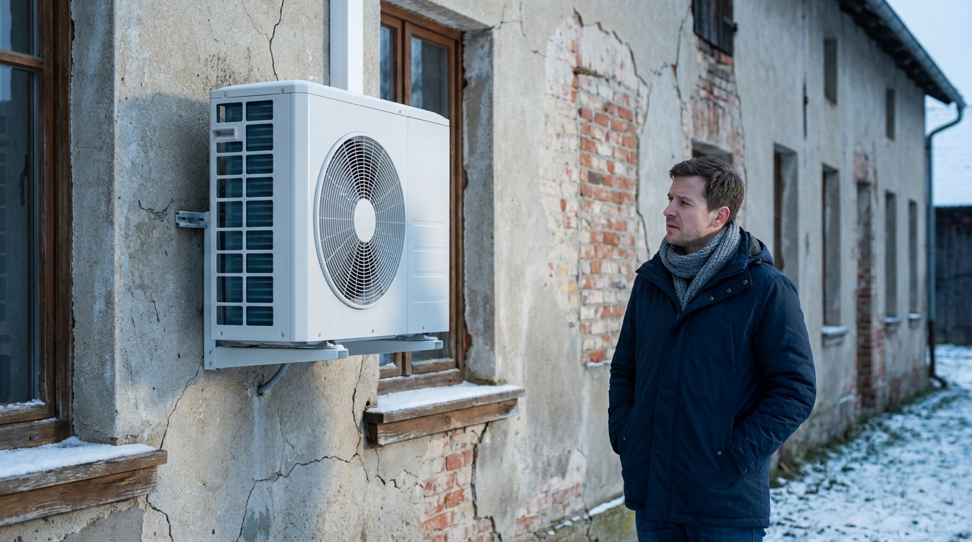 Un homme vêtu d'un manteau d'hiver regarde une pompe à chaleur installée sur le mur fissuré d'une vieille maison.