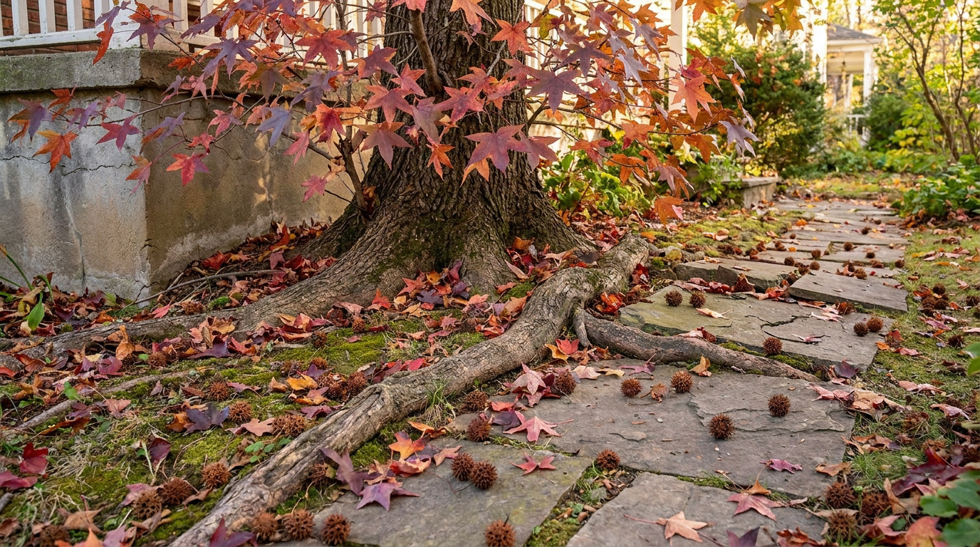 Racines et fruits épineux de liquidambar recouvrant une allée en pierre en automne.