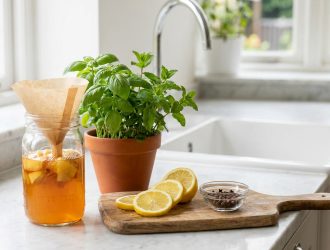 Un bocal piège à mouches, du basilic, de la menthe, des citrons et des clous de girofle sur un comptoir de cuisine.