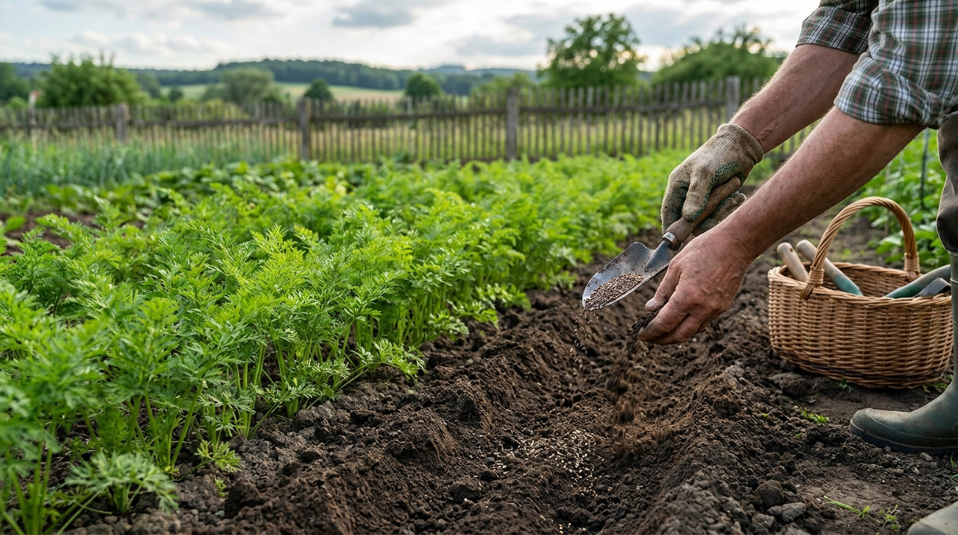 Un jardinier sème des graines de carottes dans un sillon au potager, à côté de jeunes pousses de carottes.
