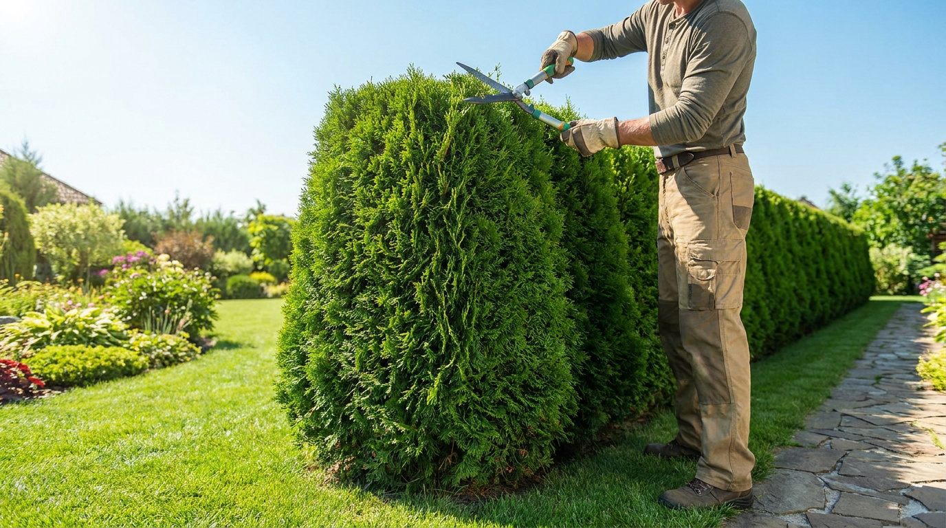 Un jardinier en tenue de travail taille une haie de thuyas avec un grand cisaille dans un jardin ensoleillé.