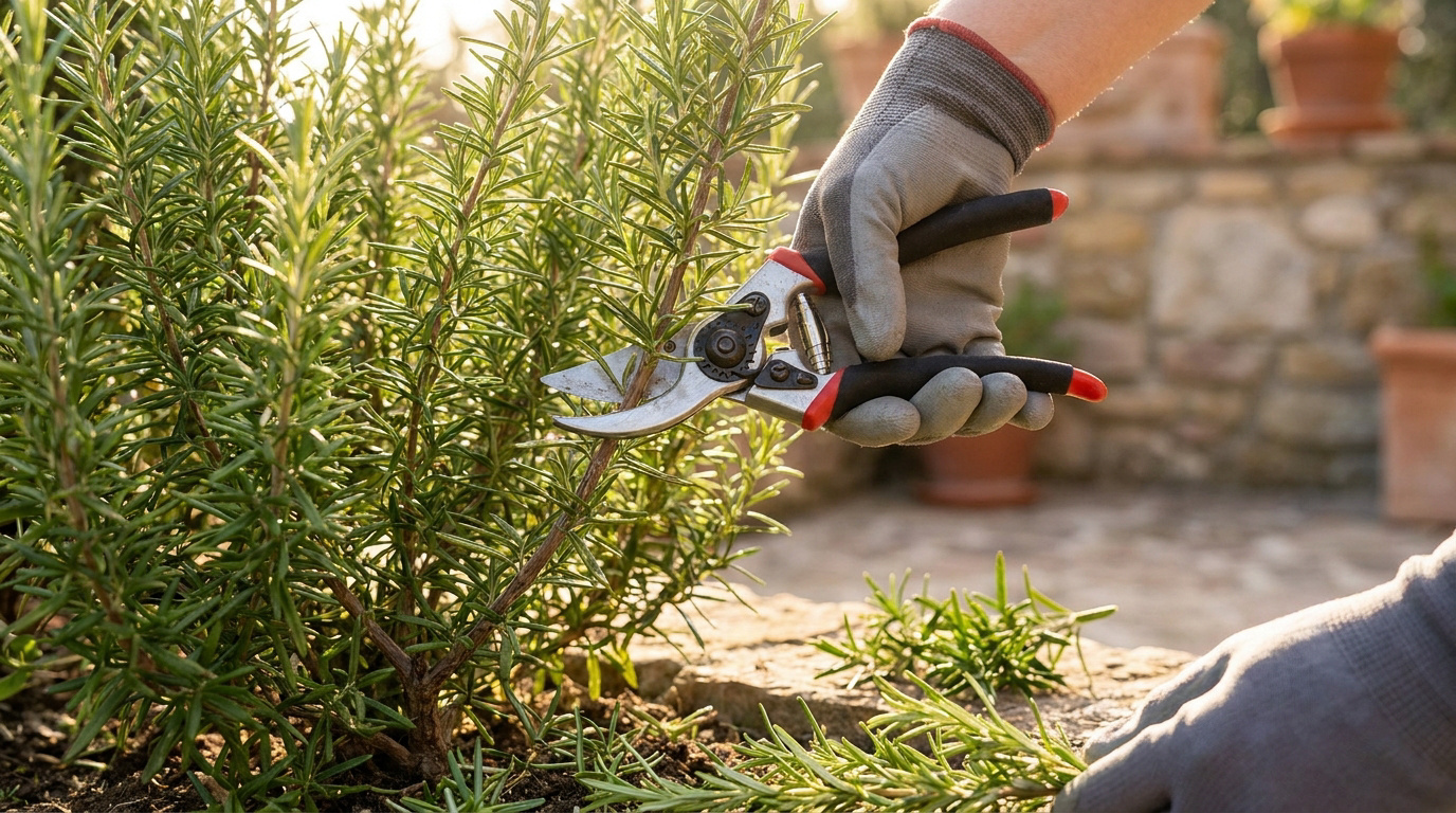 Une main gantée utilisant un sécateur pour tailler une branche de romarin dans un jardin ensoleillé.