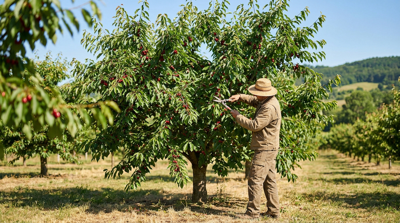 Un agriculteur en chapeau de paille taille un cerisier chargé de fruits dans un verger ensoleillé.
