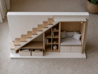 Aménagement sous escalier ouvert : rangement et coin lecture sous escaliers