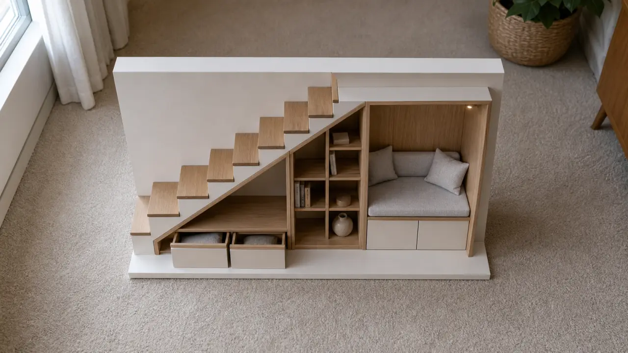 Aménagement sous escalier ouvert : rangement et coin lecture sous escaliers