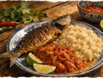 Attiéké recette : poisson frit, sauce aux oignons-tomates