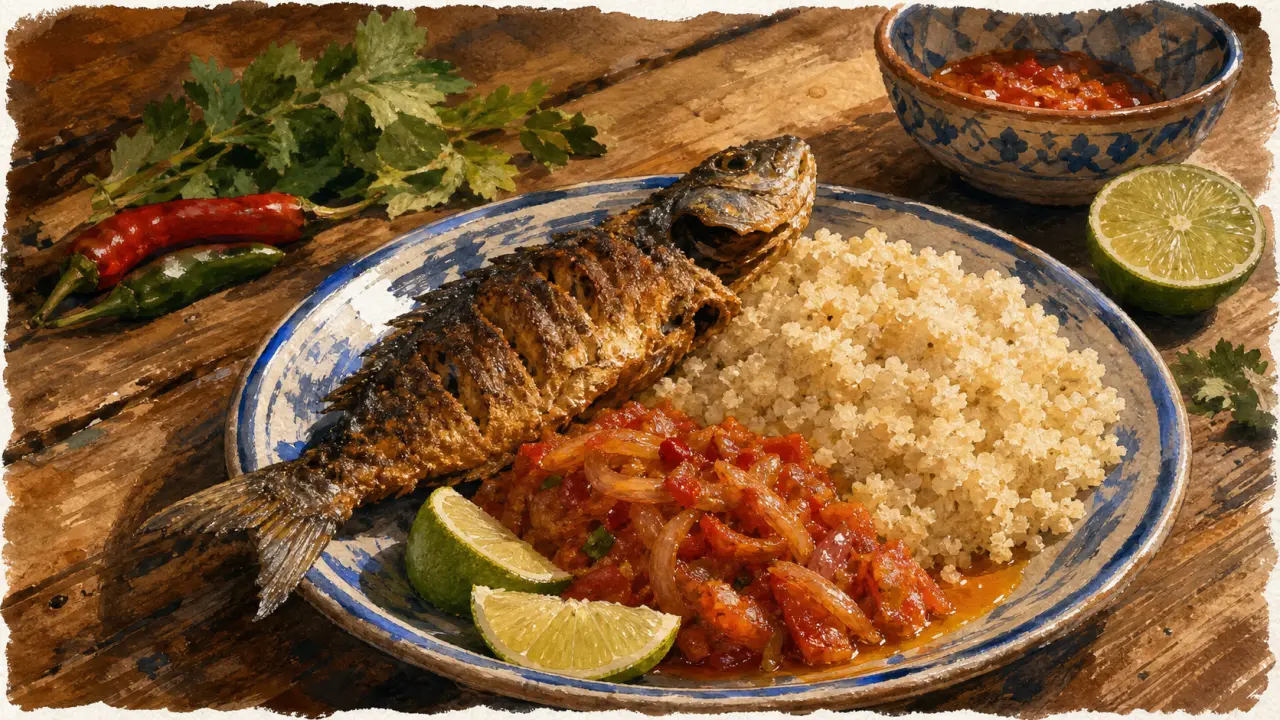 Attiéké recette : poisson frit, sauce aux oignons-tomates