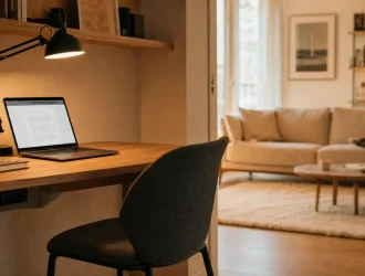 Coin bureau salon avec bureau discret et ordinateur portable