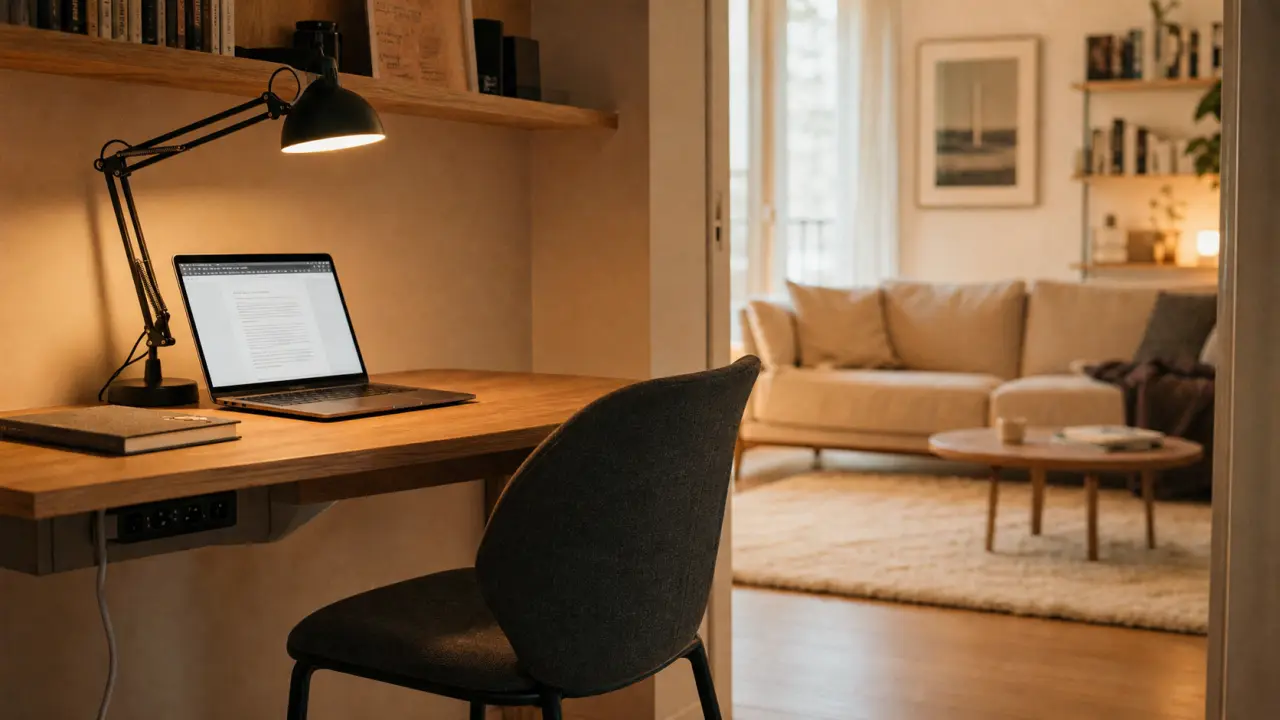 Coin bureau salon avec bureau discret et ordinateur portable