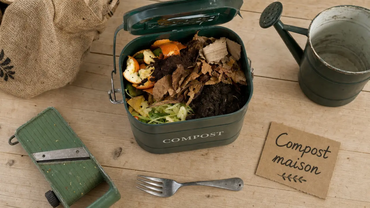 Comment faire du compost : seau avec biodéchets et terre