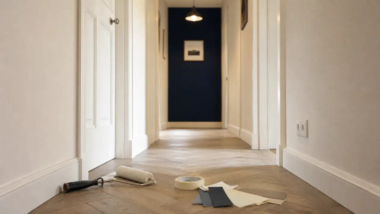 Couleur peinture pour couloir : ivoire et bleu nuit, couloir agrandi