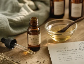Dilution huile essentielle : flacon d’huile essentielle, pipette et huile végétale