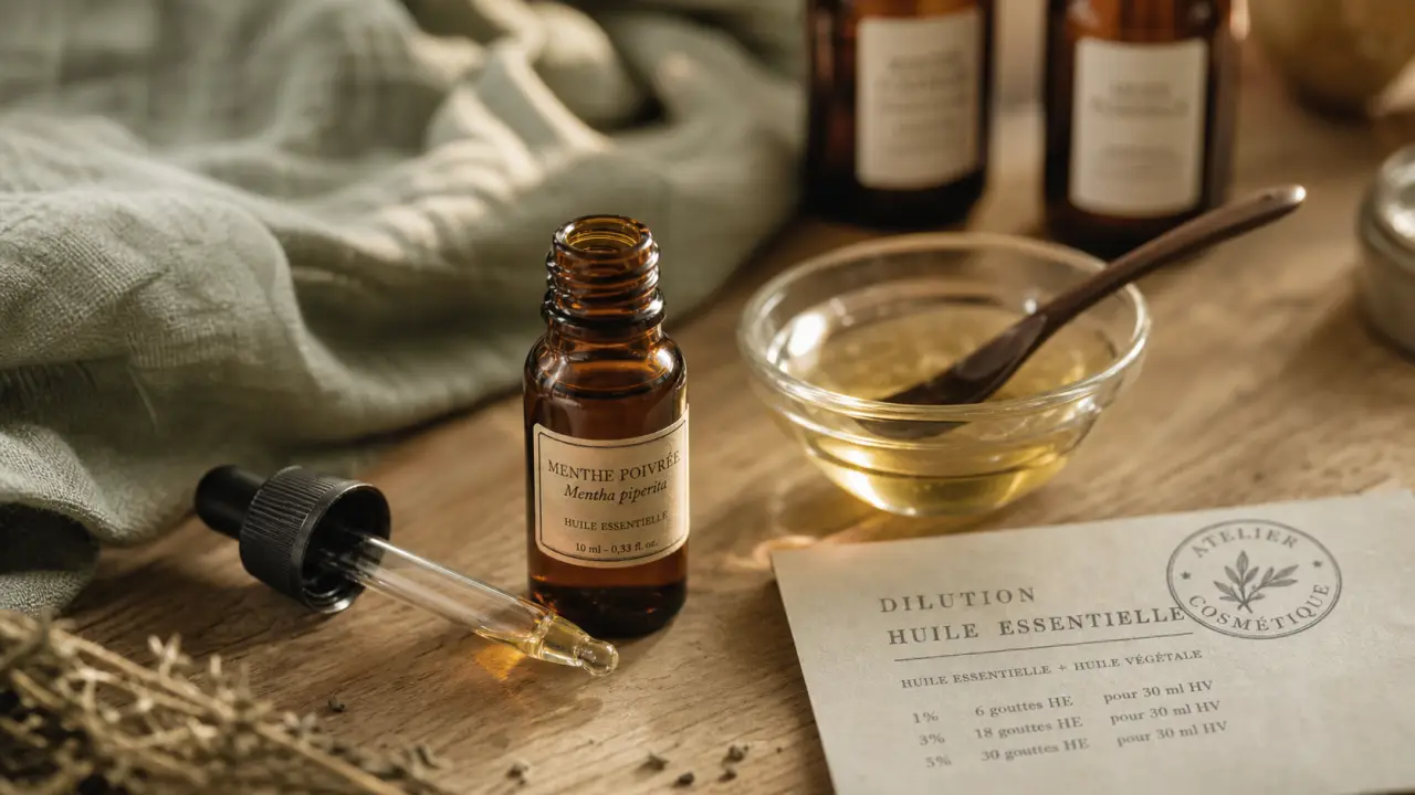Dilution huile essentielle : flacon d’huile essentielle, pipette et huile végétale
