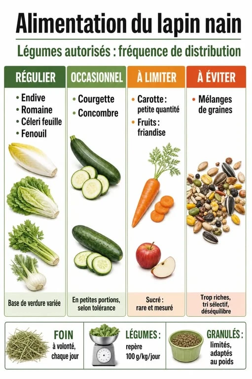 Infographie sur le legume lapin nain avec catégories de légumes autorisés, fréquence et quantités recommandées