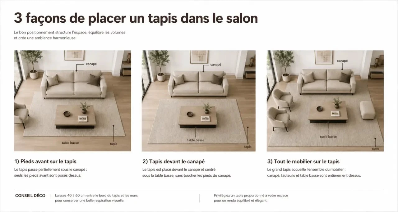 Tapis dans salon : trois placements possibles autour du canapé et de la table basse