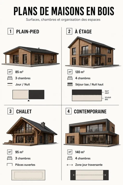 Maison en bois plan : comparaison visuelle de plusieurs modèles de maison en bois, plain-pied, étage, chalet et contemporaine