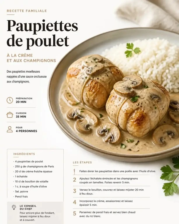 Recette paupiette de poulet à la crème et aux champignons servie dans une assiette familiale