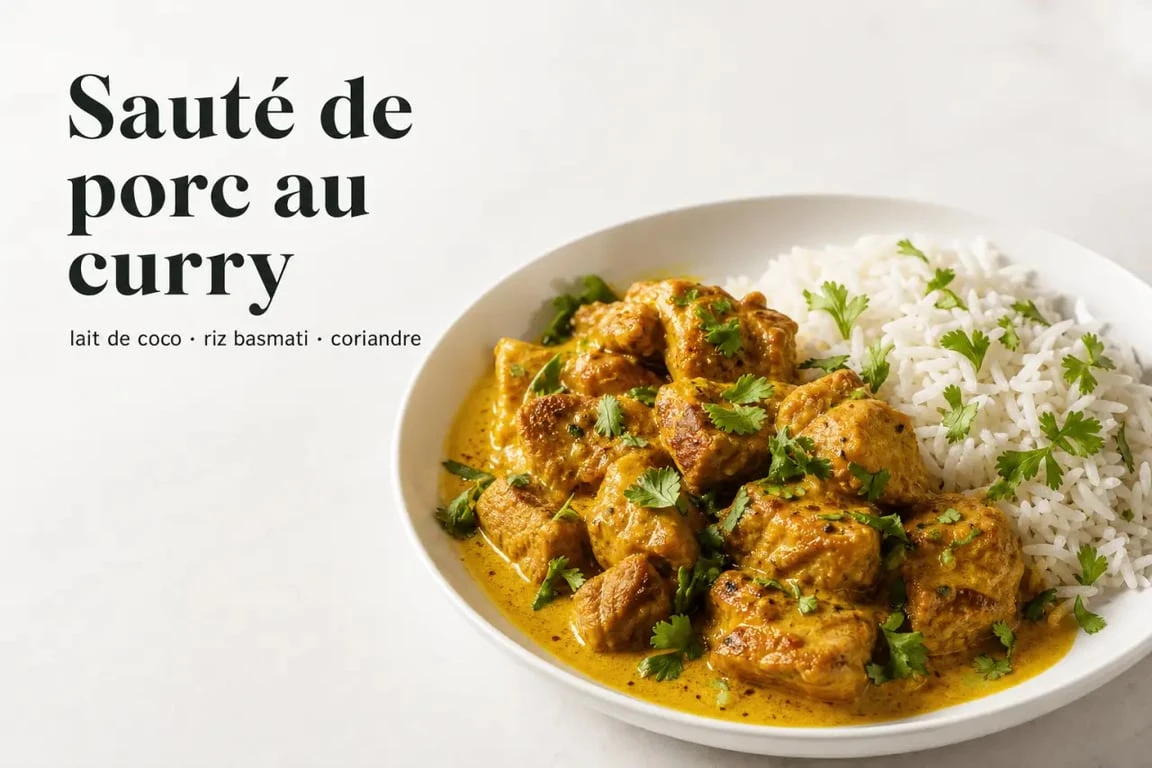 Recette sauté de porc curry servi avec riz basmati, sauce crémeuse et coriandre fraîche