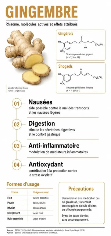 Infographie sur les propriétés gingembre : gingérols, shogaols, digestion et nausées