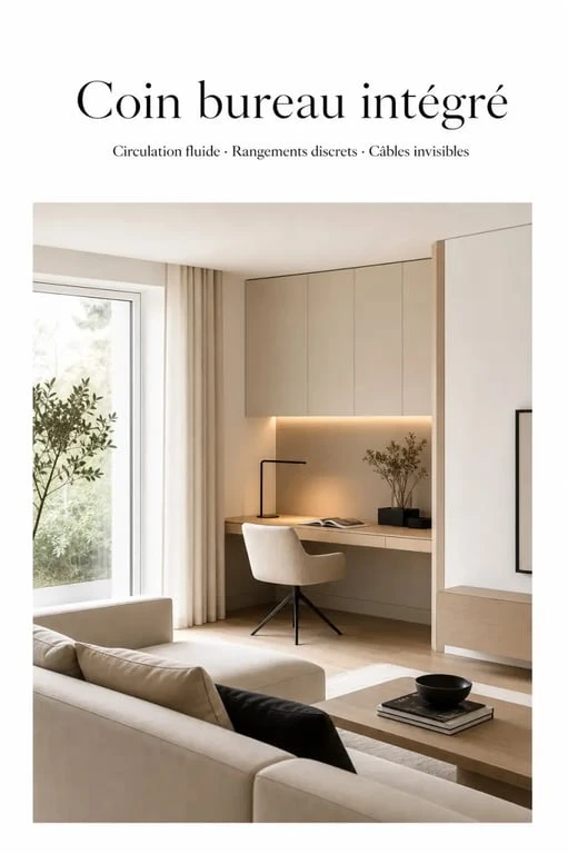 Coin bureau salon discret et élégant dans une pièce à vivre contemporaine