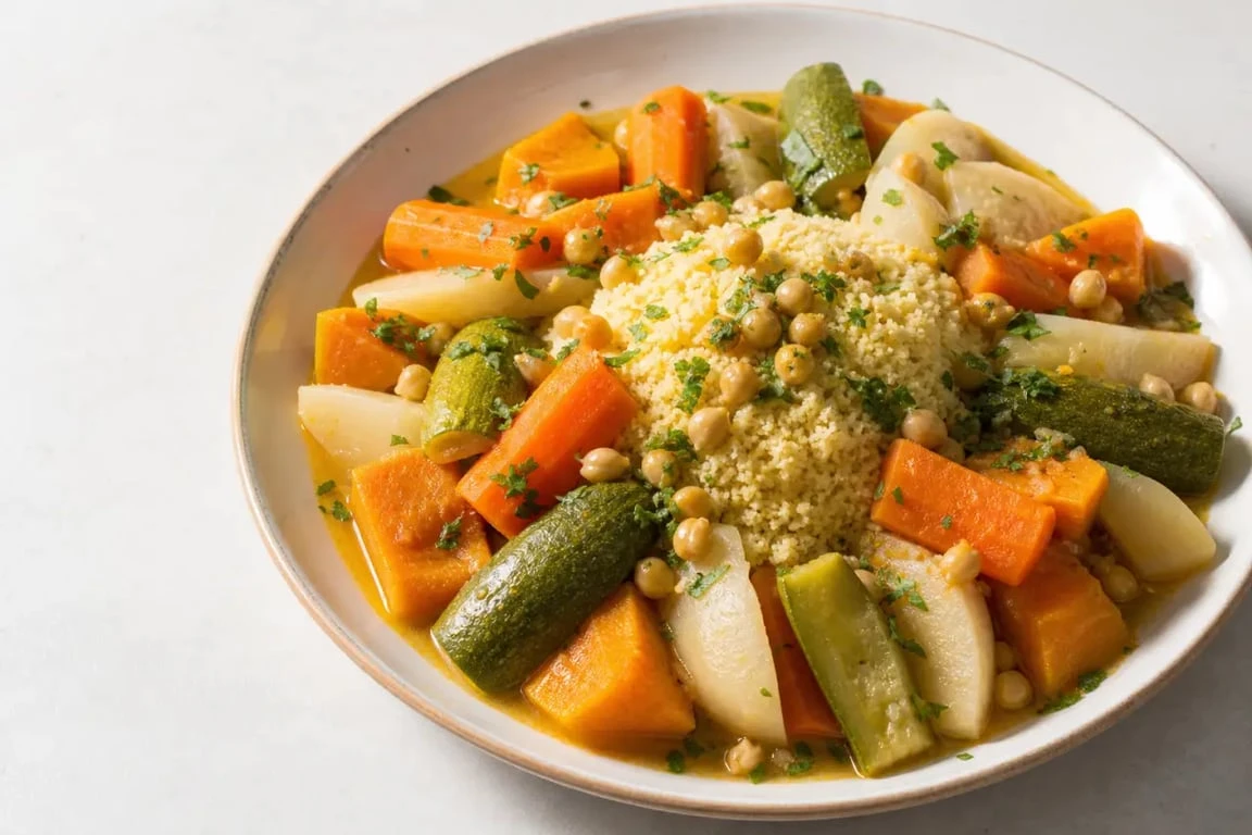 Recette couscous legumes recette servie dans un grand plat familial avec semoule, légumes et pois chiches