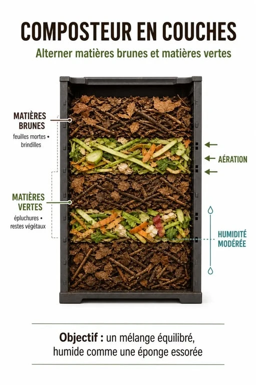 Schéma explicatif des couches de matières pour réussir son compost maison